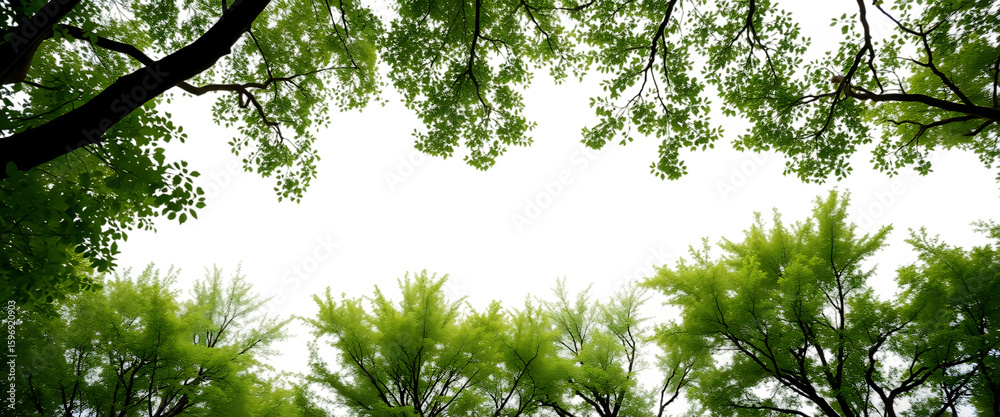 Fototapete Lush green tree tops view element set on transparent background isolated on white background