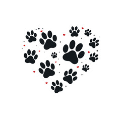 Heart made of black paw prints with shadows, symbolizing love for pets and animals