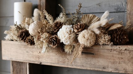 Beautiful dried flower arrangement with pinecones on rustic wooden shelf