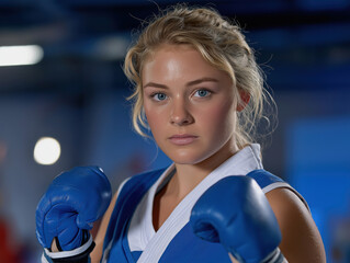 Female athlete in blue boxing gear, wearing protective gloves, is preparing for a match in a training facility, showcasing determination and strength in a competitive environment