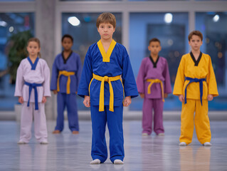Young martial artist in blue uniform stands confidently in front of peers wearing colorful outfits, showcasing discipline and focus in a training environment with soft lighting