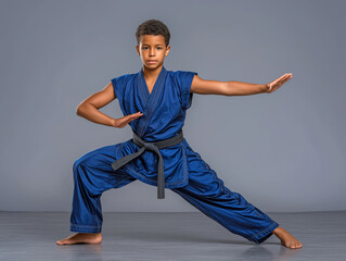 Young boy in blue martial arts uniform performing a karate stance with focused expression, showcasing strength and discipline in a studio environment with gray background