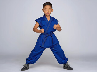 Young boy in blue martial arts uniform stands confidently in a strong pose, showcasing determination and focus, with a neutral background emphasizing his stance and attire