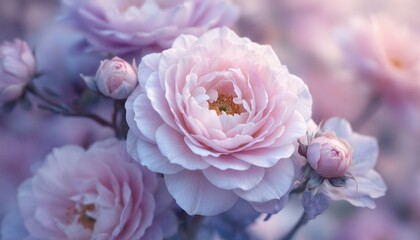 Naklejka premium Soft pastel pink, purple flower blooms bathed in gentle light. Delicate petals showcase serene, dreamy quality, perfect for spring summer themes. Macro view emphasizes intricate floral beauty,