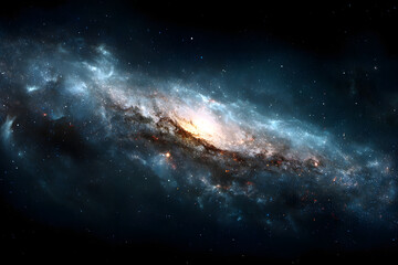 Fototapeta premium view of distant galaxy with glowing stars and swirling clouds of cosmic dust set against dark space background