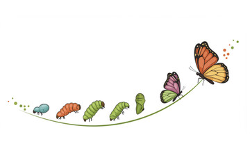 Butterfly life cycle: stages of growth showing transformation from larva to fully formed insect on stem