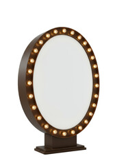 Obraz premium Retro-style oval marquee sign with blank panel ready for text, illuminated warm incandescent bulbs glowing softly against a transparent background from 3/4 view. Concept of vintage entertainment