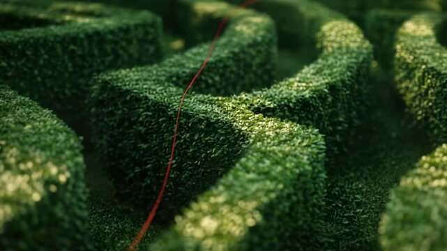 A close-up shot of a maze with a red string guiding through it