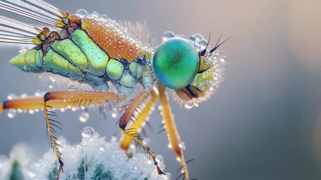A detailed shot of a dragonfly with water droplets on its head