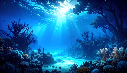 Obraz premium Underwater coral reef, sunbeams