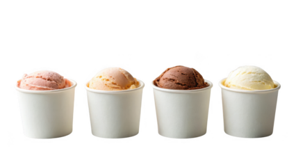 Four different flavors of ice cream in white paper cups isolated on transparent background