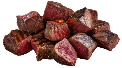 Medium rare steak pieces, sliced grilled beef cubes isolated on a white background