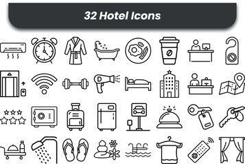 Vector art of a collection of hotel icons representing travel and accommodation services