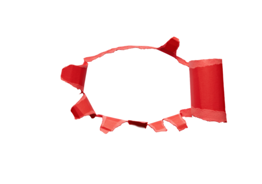 Macro photo of an irregular torn hole with jagged edges revealing textured fibers in vibrant matte red paper, transparent void behind, copy space left, shadowless studio light. Concept of strong