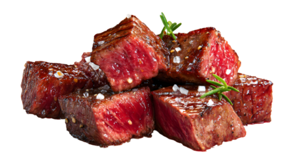 Medium rare steak pieces, sliced grilled beef cubes isolated on a white background