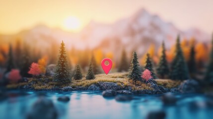 Stunning sunset over a serene forest landscape with a location pin