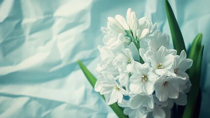 A bouquet of white flowers on a soft blue background, perfect for use in wedding or birthday designs