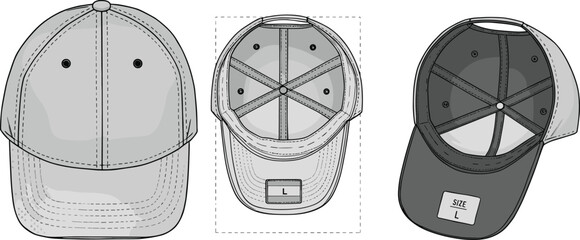 Detailed technical drawing of baseball cap, front and inside views, labeled size tag, stitching lines, hat construction diagram, adjustable cap vector, fashion accessory illustration.