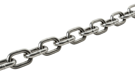 Obraz premium A robust, thick metallic silver chain with heavy-duty, polished links, intricately arranged diagonally and intertwined on a transparent background. Concept of strength, connection