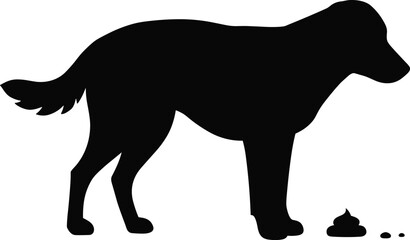 Dog pooping silhouette vector, pet waste icon illustration, black and white dog defecating graphic, humorous animal hygiene concept for signs and awareness campaigns
