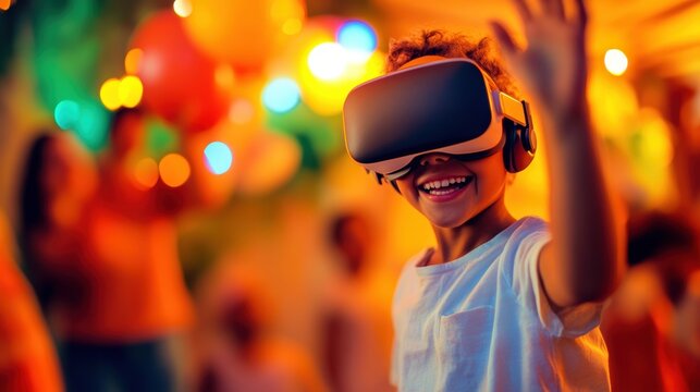 Child enjoying virtual reality experience at festive gathering in the evening