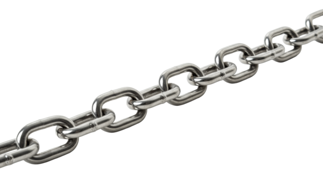 A robust, thick metallic silver chain with heavy-duty, polished links, intricately arranged diagonally and intertwined on a transparent background. Concept of strength, connection