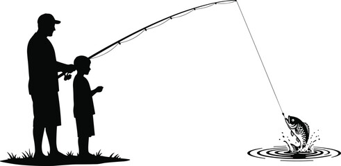 Father and son fishing silhouette, child learning to fish, big catch, outdoor bonding, family activity, sport fishing vector, black and white illustration, nature fun.