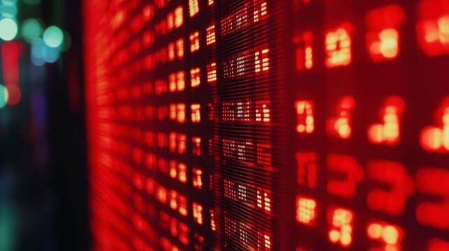 Ticker symbols scrolling across a digital display in a financial district during the evening hours