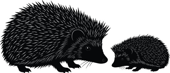 Hedgehog and baby silhouette vector, spiky animal illustration, wildlife design graphic, cute forest creatures, black and white woodland animals for nature-themed artwork
