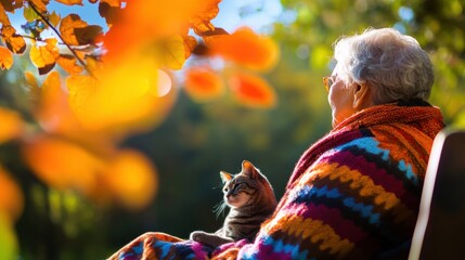 Elderly woman enjoys autumn afternoon with her cat in a park