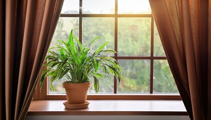 green indoor plant by the window with brown curtains