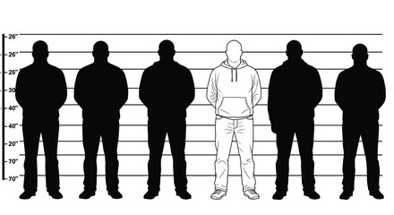 Police lineup silhouette illustration with suspect and shadowed figures, criminal identification scene, law enforcement vector for crime, justice, security, or investigation themed projects
