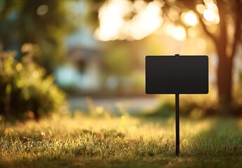 Blank Black Real Estate Sign on Urban Lawn – Sunset Silhouette with Green Grass, City Elements, and Golden Hour Shadows in Residential Neighborhood