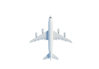 Modern transparent commercial passenger airplane with four engines, sleek design, centered on expansive transparent plain, top-down view, perfect studio lighting, concept of industrial precision