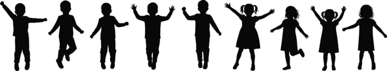 Silhouettes of Happy Children Playing, Kids Jumping and Dancing Art, Childhood Joy Concept, Active Kids Silhouette Design, Group of Children in Motion Illustration