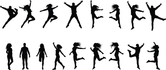 Silhouettes of People Jumping and Dancing, Joyful Human Poses Collection, Energetic Motion Illustration, Happy Expressive Figures Art, Freedom and Movement Concept Isolated Design

