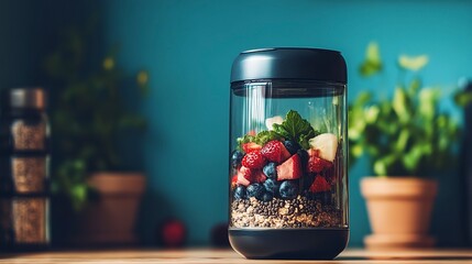 Preparation of a nutritious protein shake in a blender bottle with fresh fruits and oats on a kitchen counter
