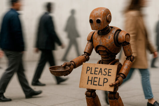 Rusty robot with a PLEASE HELP sign among people on the street.