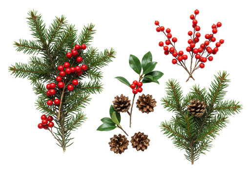 Four balsam fir branches, red holly berries, and pinecones elegantly arranged in a shadowless flat lay on a transparent background with copy space, elegant Christmas collage concept