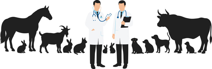 Veterinarians with Farm and Pet Animals, Animal Healthcare Illustration, Vet Doctors Caring for Livestock and Pets, Professional Veterinary Services, Farm Animal Medicine Concept Art