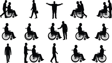 Wheelchair user and caregiver silhouettes, disability support vector illustration, inclusive mobility scenes, black and white accessible people icons, medical care and diversity graphic design