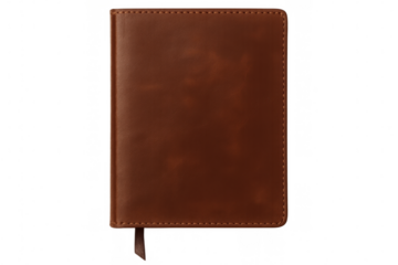 Closed leather notebook with attached fabric bookmark, resting on transparent surface, highlighting classic stationery craftsmanship