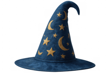 Pointed wizard hat featuring mystical celestial symbols, crafted for magical fantasy designs, floating against transparent backdrop