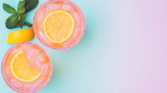 Minty pink lemonade with lemon slices on a pastel backdrop