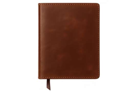 Closed leather notebook with attached fabric bookmark, resting on transparent surface, highlighting classic stationery craftsmanship