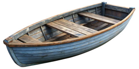 An empty blue wooden rowboat resting on a transparent background