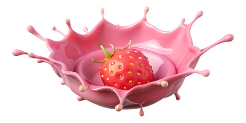 A fresh strawberry splashing into creamy pink liquid isolated on transparent background