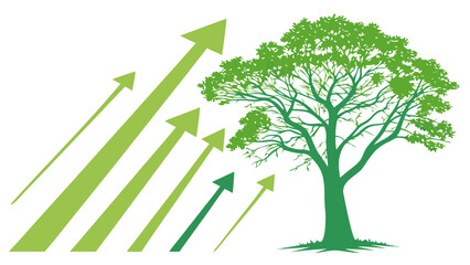 growth concept with a green tree and upward pointing arrows isolated on white background.