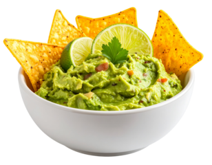 Tortilla Chips Dipping into Smooth Guacamole with Lime Garnish, Side Angle PNG