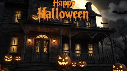 A haunted house is decorated with lit pumpkins under a full moon Bats fly overhead Happy Halloween text overlays the scene